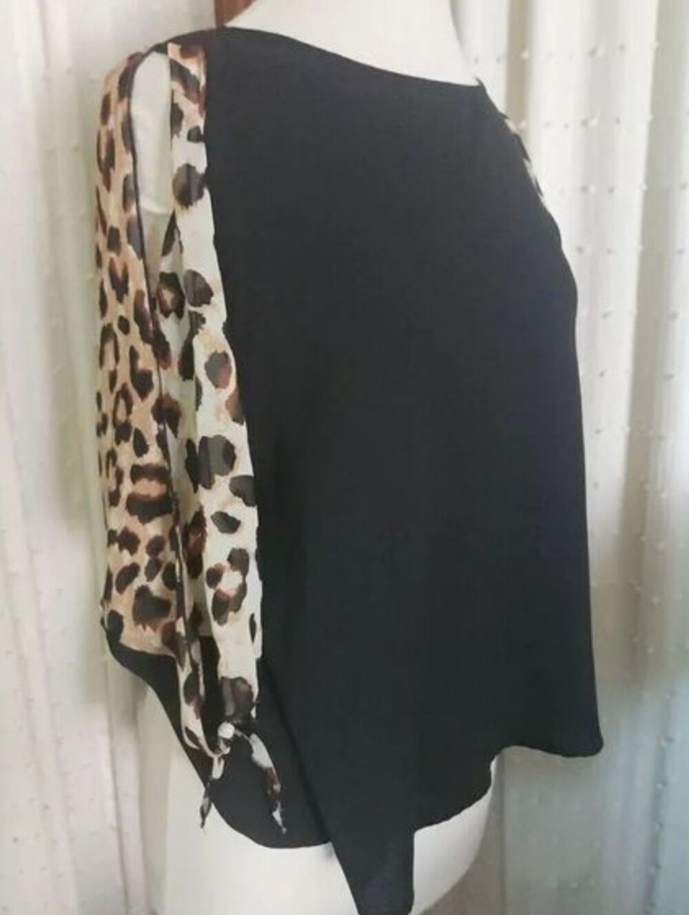 F32 Red Lolly Black Tunic Top with Leopard Print Sheer Sleeves-cut out shoulders